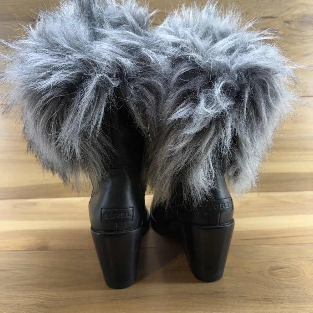 Sorel Park City Lux Leather Boot Womens 8.5 Black Gray Faux Fur Waterproof Wedge